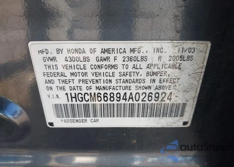 2004 Honda Accord 3.0 Ex z USA, uszkodzony, nr VIN 1HGCM66894A026924